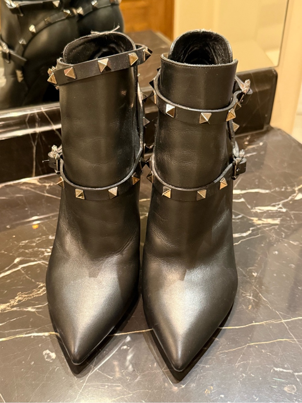Valentino Black Leather Pointed Ankle Boots with Pyramid Studs